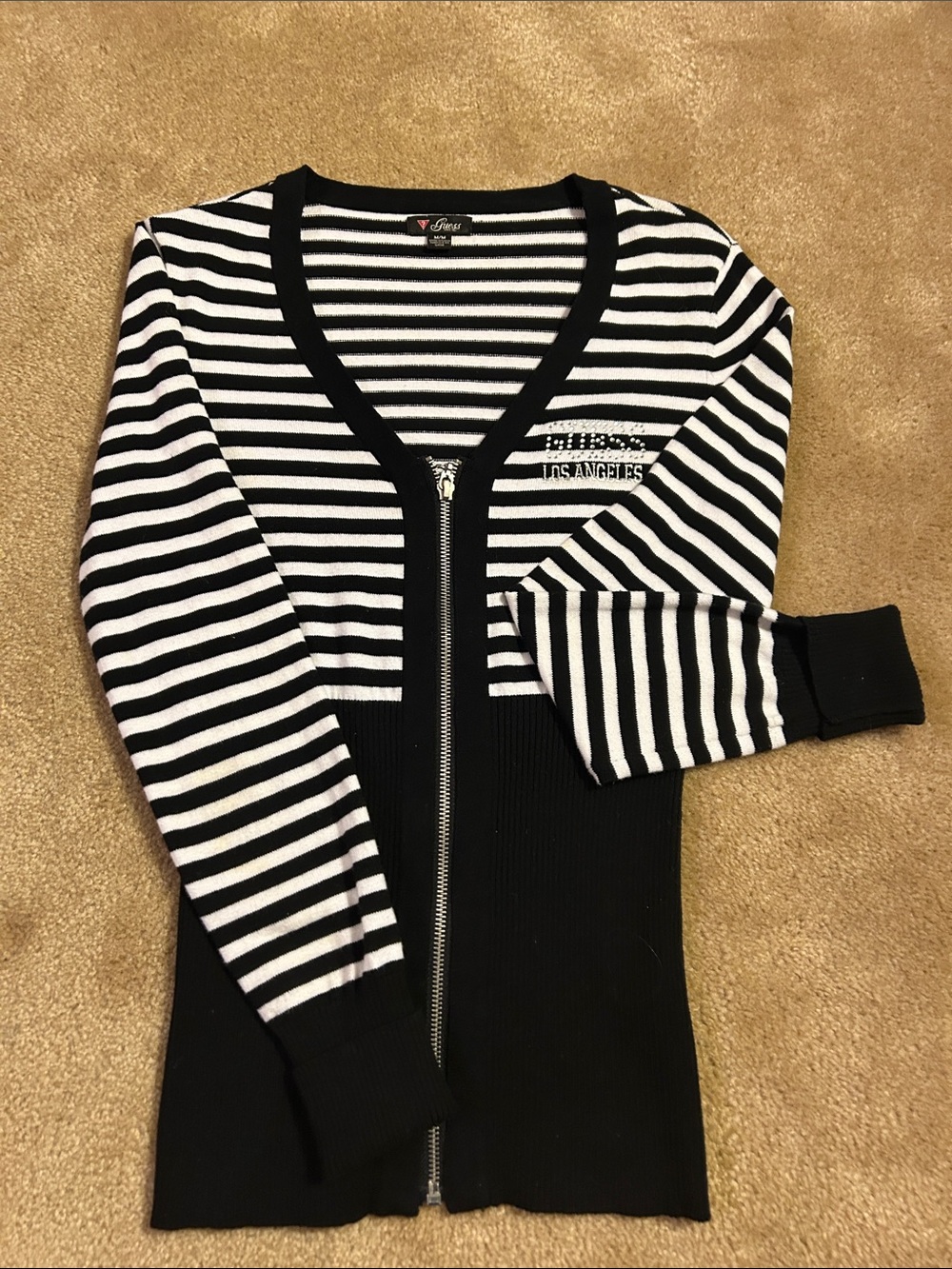 Guess Black and White Striped Zip-Front Women’s Cardigan
